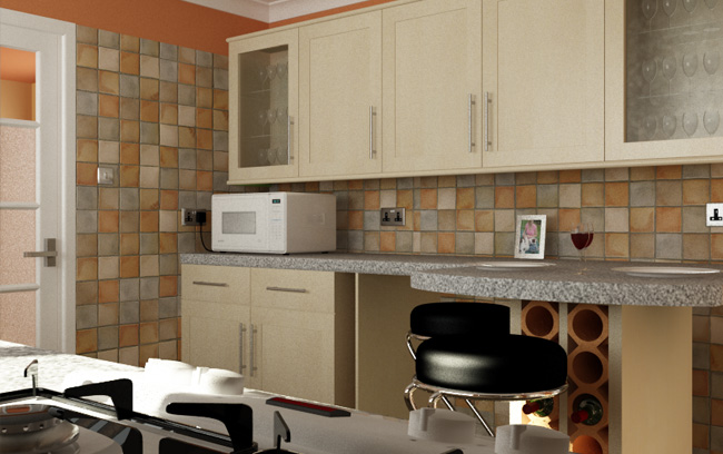 Rendered Image of Kitchen, viewing towards the Microwave and Cabinets