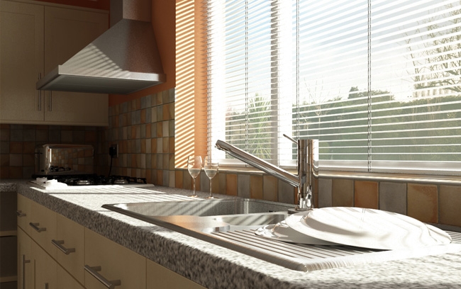 Rendered Image of Kitchen, viewing the Sink and Extractor Hood